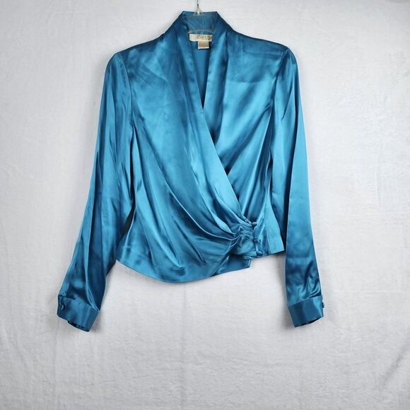 Vtg 100% Silk Satin Wrap Blouse Sz 4 Luxe Peck & Peck Long Sleeve Side Button - Picture 1 of 13